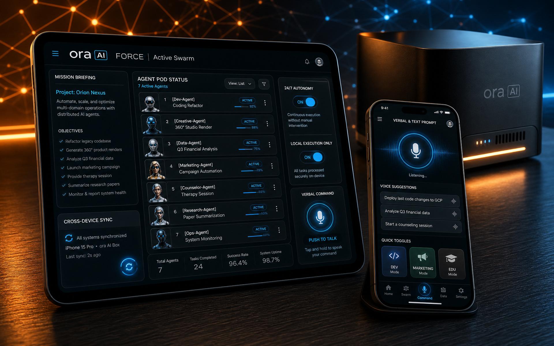 ora AI force control panel on tablet and smartphone with the ora AI box in the background