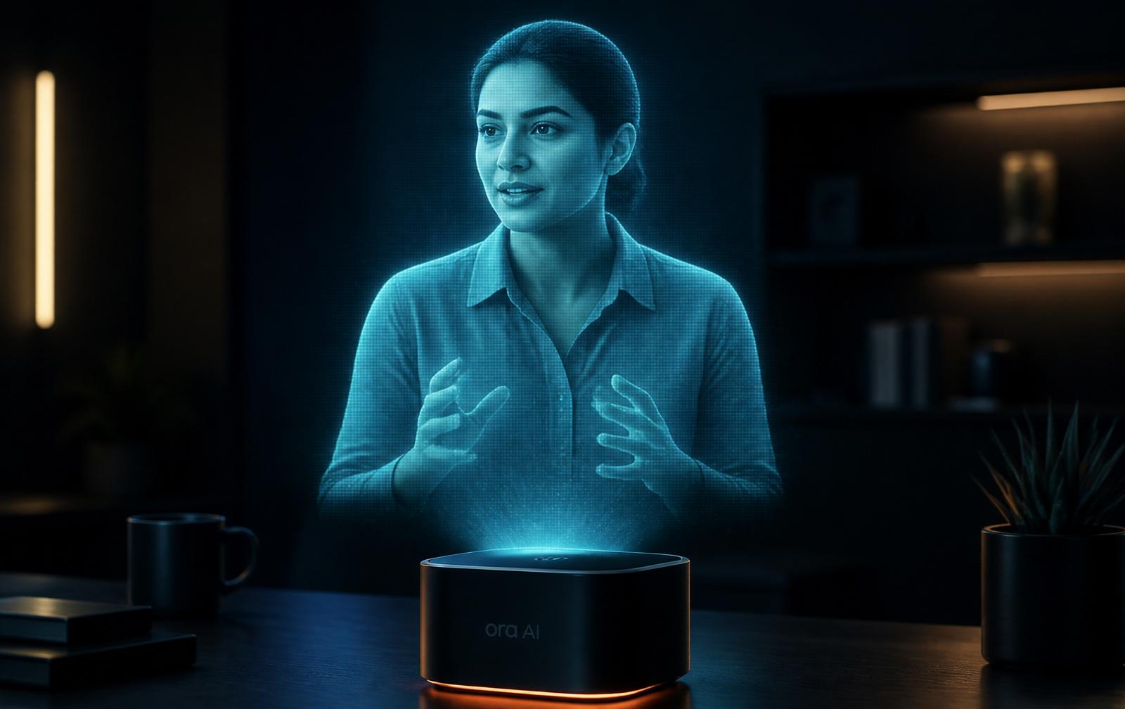 Life-size holographic projection of a caller above the ora AI force unit
